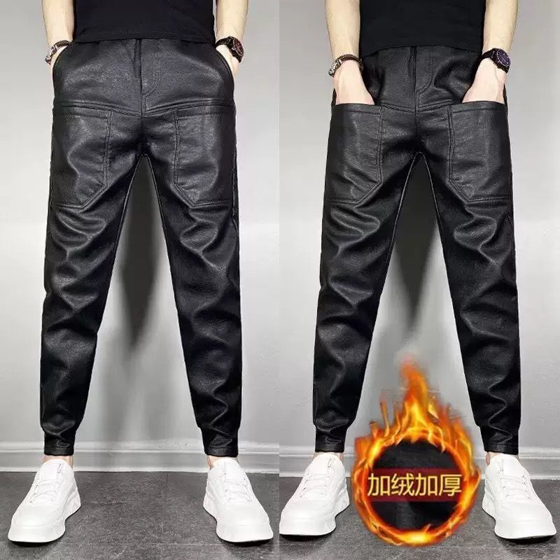New Autumn/Winter Casual Elastic Versatile Motorcycle PU Leather Pants for Men, Trendy Brand, Fleece-lined, Thickened, Warm, Slim Fit