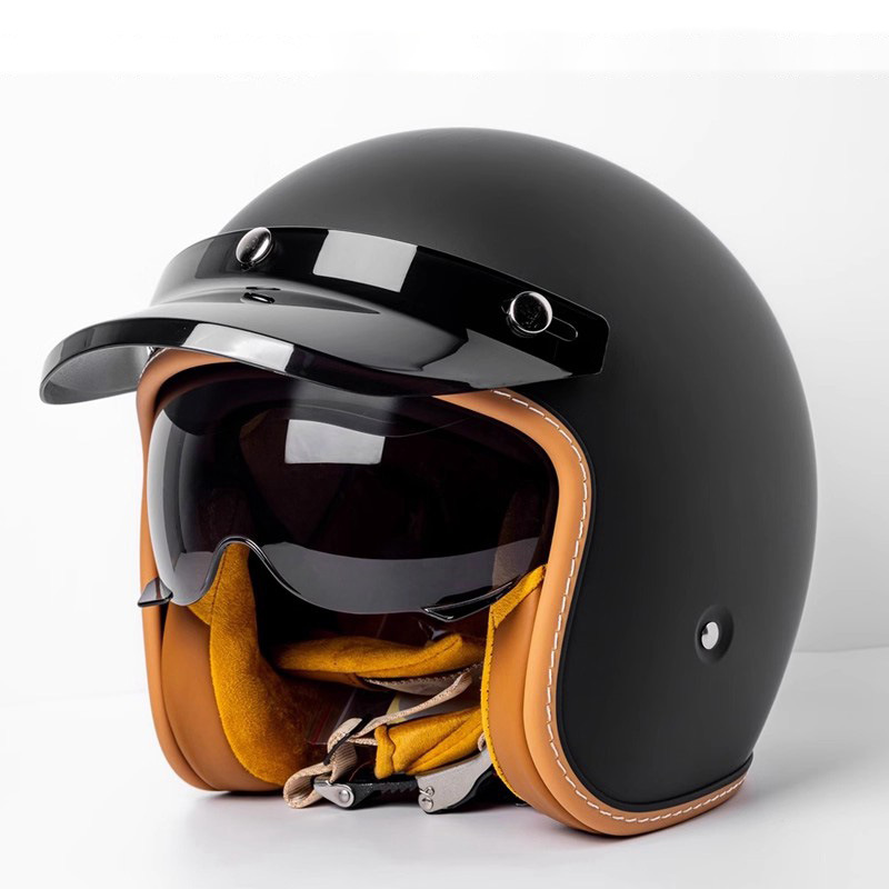Motuoche Retro Motorcycle Helmet 3/4 Helmet with Built-in Goggles (Motosiklet kaskı (dəbilqə)) - mt-5-matte-black-3c-certified-with-black-and-white-lenses-m