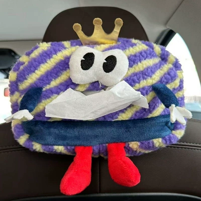 car interior accessory tissue holder: Car tissue box/set - square-face-purple-striped-little-monster-tissue-box
