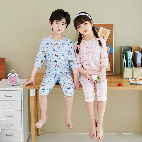 Yaser children's home clothes three-quarter sleeve pants suit children's air-conditioned clothes men and women baby pajamas pajamas summer pants