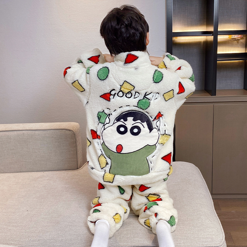 Children's New Winter Pajamas Coral Velvet Boys' Flannel Thick Warm Home Clothes