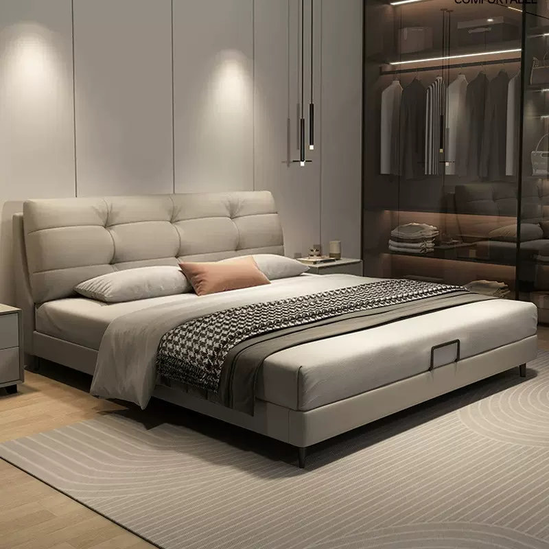 泡芙云朵床意式极简真皮床主卧实木软包婚床双人床头层牛皮储物床