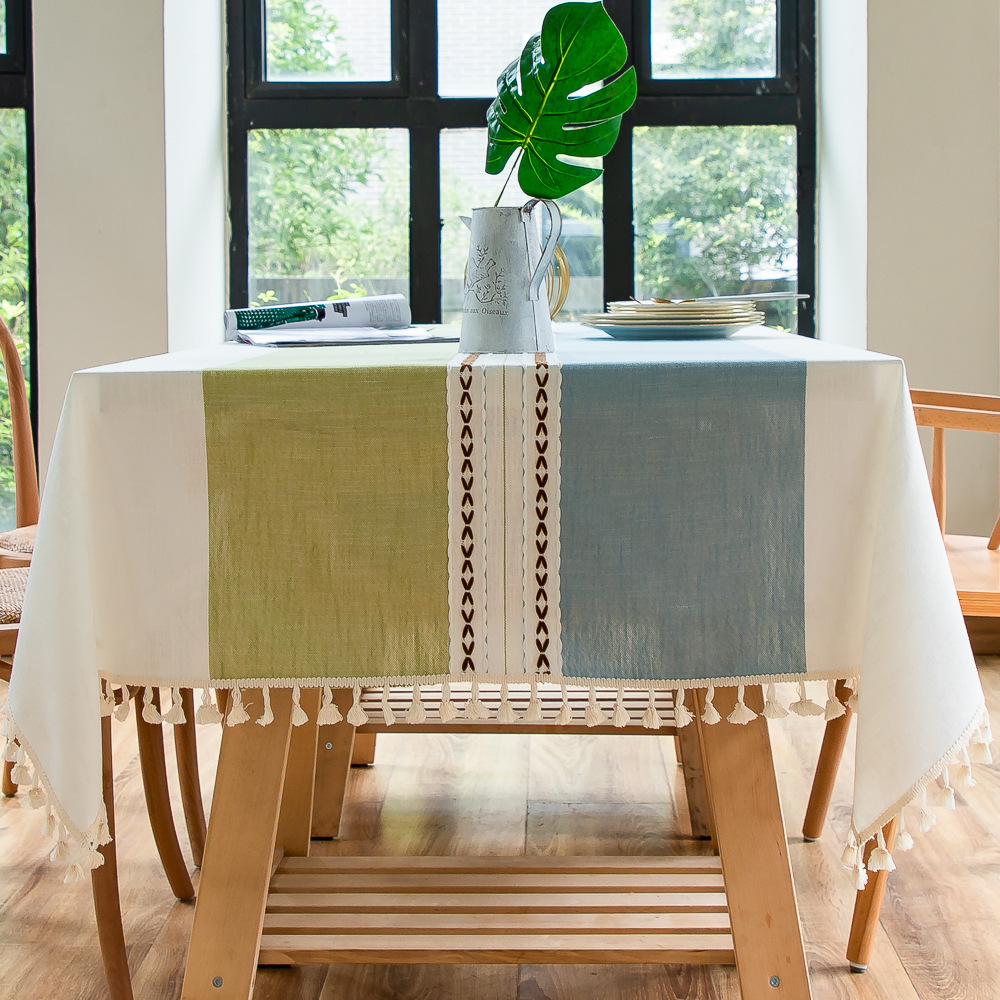 미아 블루 그린 태슬 식탁보