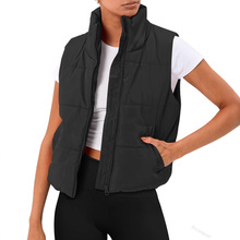 2024跨境欧美新款时尚立领拉链口袋短款修身棉服女秋冬马甲外套