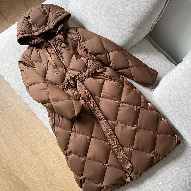 Women's Clothing Down jacket mid length hooded diamond belt high 90 white duck down loose Down Coat_voghion.com