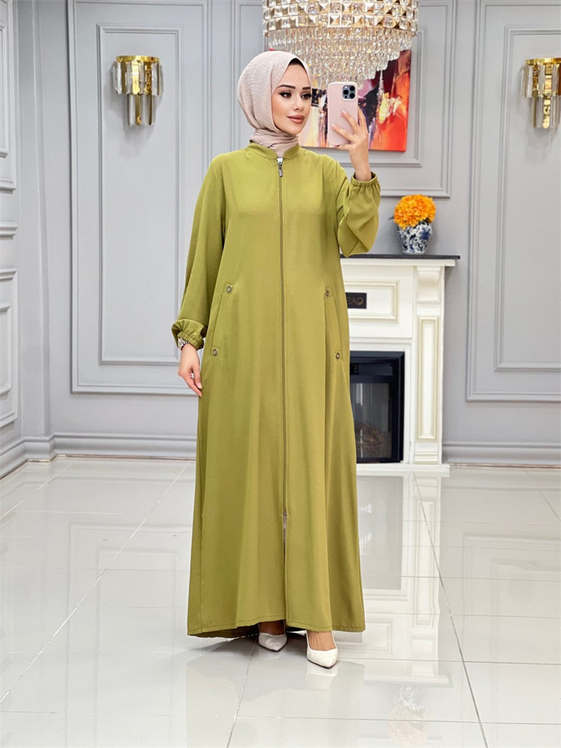 In Stock In Dubai, Middle East, 2024 New Fashion Stand-up Collar Zippered Pocket Loose Casual Dress Women's Robe_ecoleips.com