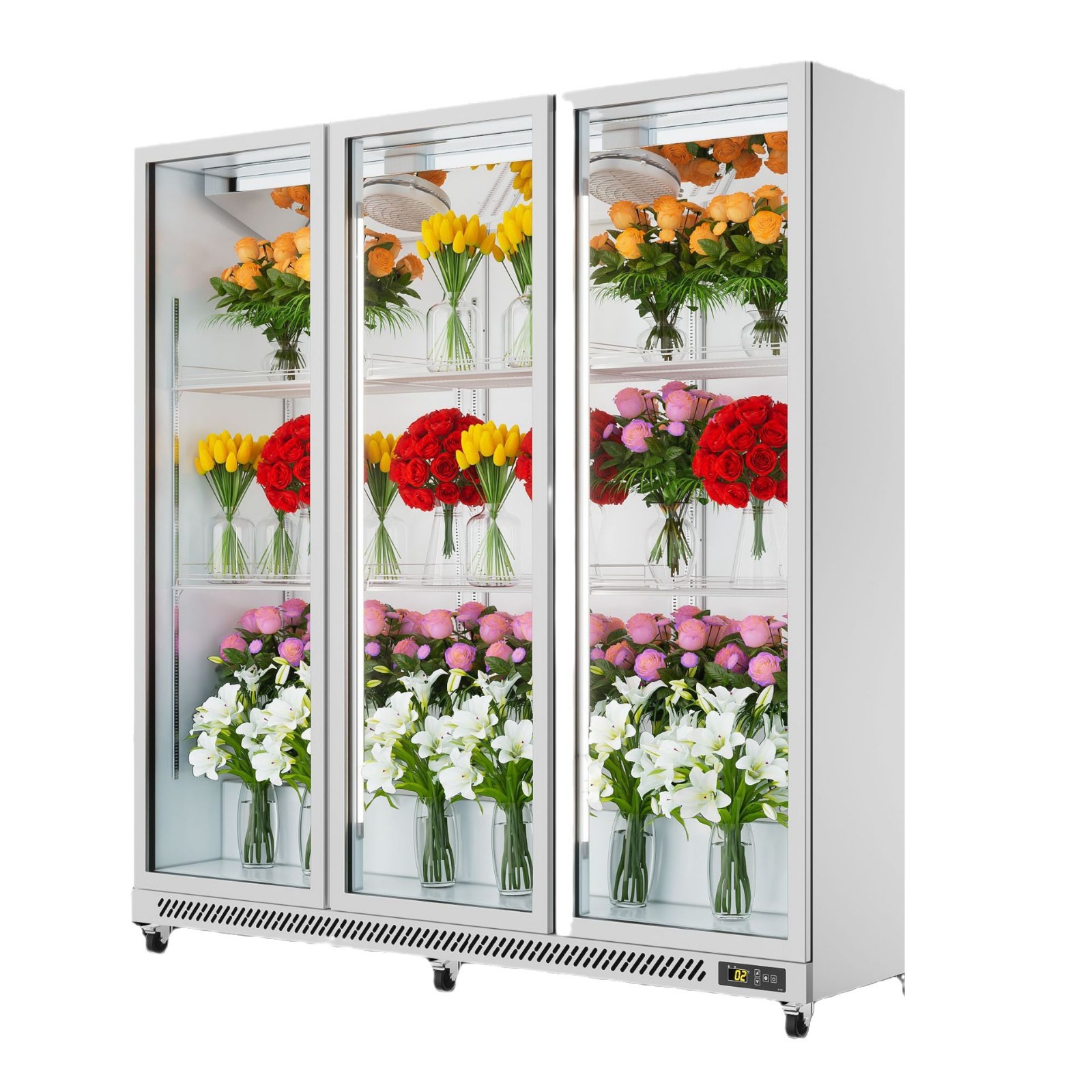 Internet celebridad floristería conversión de frecuencia ahorro de energía gabinete de mantenimiento fresco refrigerado por aire libre de heladas pantalla completa gabinete de la boda flores congelador vertical