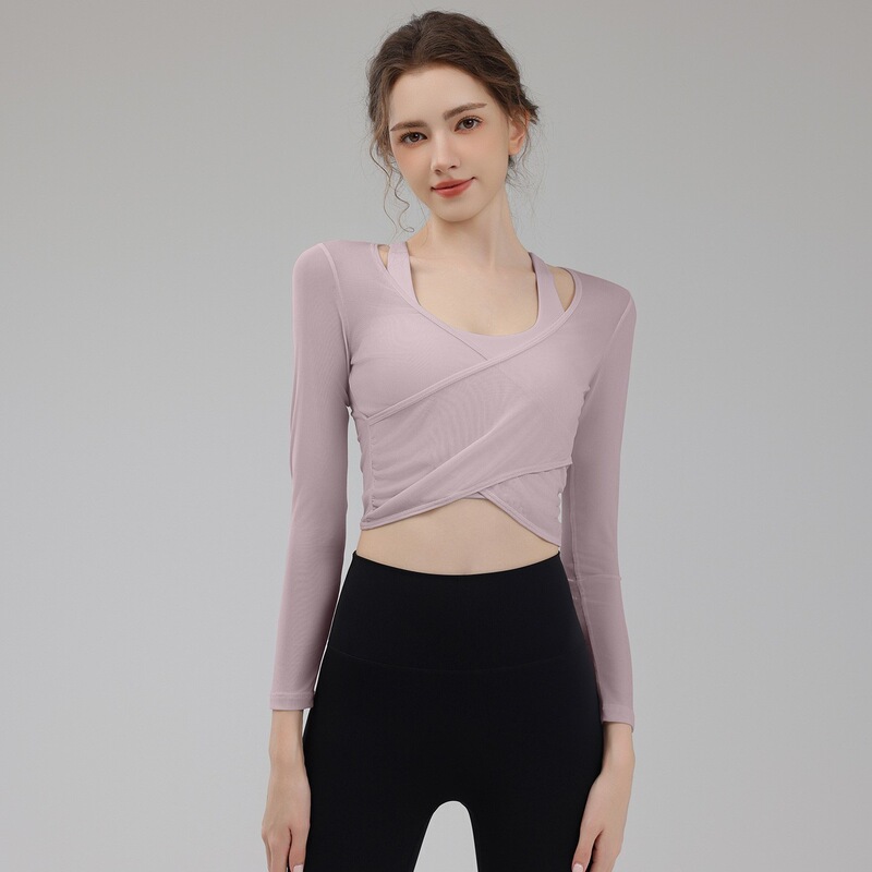Nicole's mesh faux two-piece sports top with chest pads, slimming and stylish, suitable for Pilates training and fitness, long-sleeved