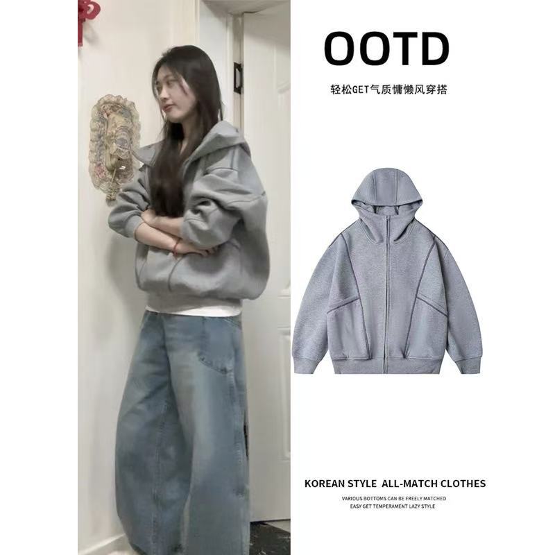 初秋韩系穿搭灰色连帽卫衣开春外套女款春秋季2026新款春装慵懒风