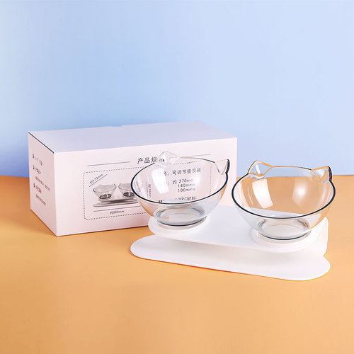 P wholesale tilted transparent cat ears pet double bowl cat bowl two-in-one internet celebrity neck protection cat bowl