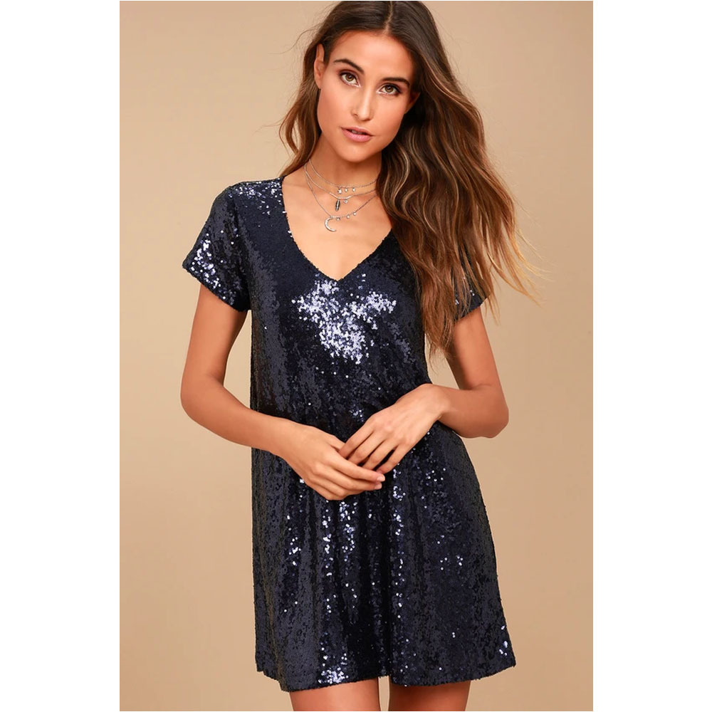 Women's Sequin Dress Elegant Classic Style V Neck Sequins Short Sleeve Solid Color Above Knee Family Gathering Daily Tea Party display picture 7