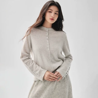 设计感半开扣卷边山羊绒衫女软糯针织打底衫2026新款宽松休闲毛衣