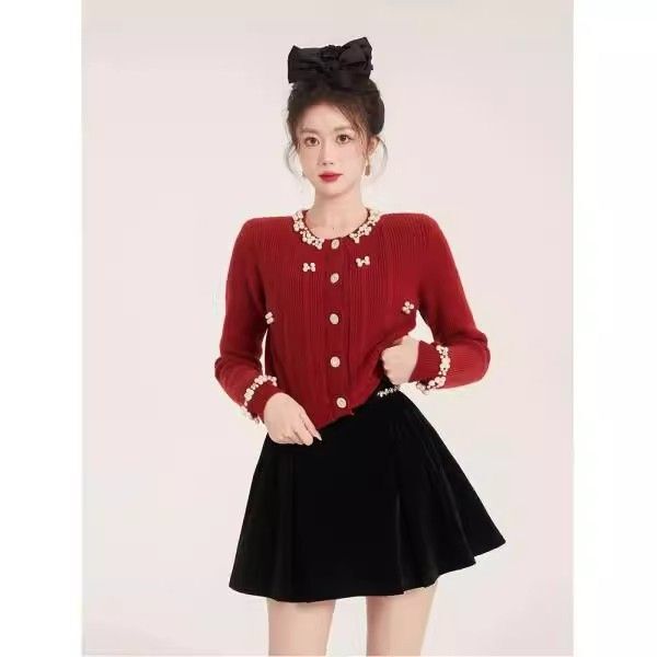 Autumn and Winter Red Chanel-Style Heavy Beaded Sweater Cardigan with Pearl Collar, Designer Niche Knit Jacket for Women