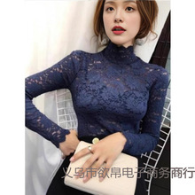 新款镂空蕾丝打底衫显瘦长短袖T恤女秋冬上衣半高领修身批发.代发