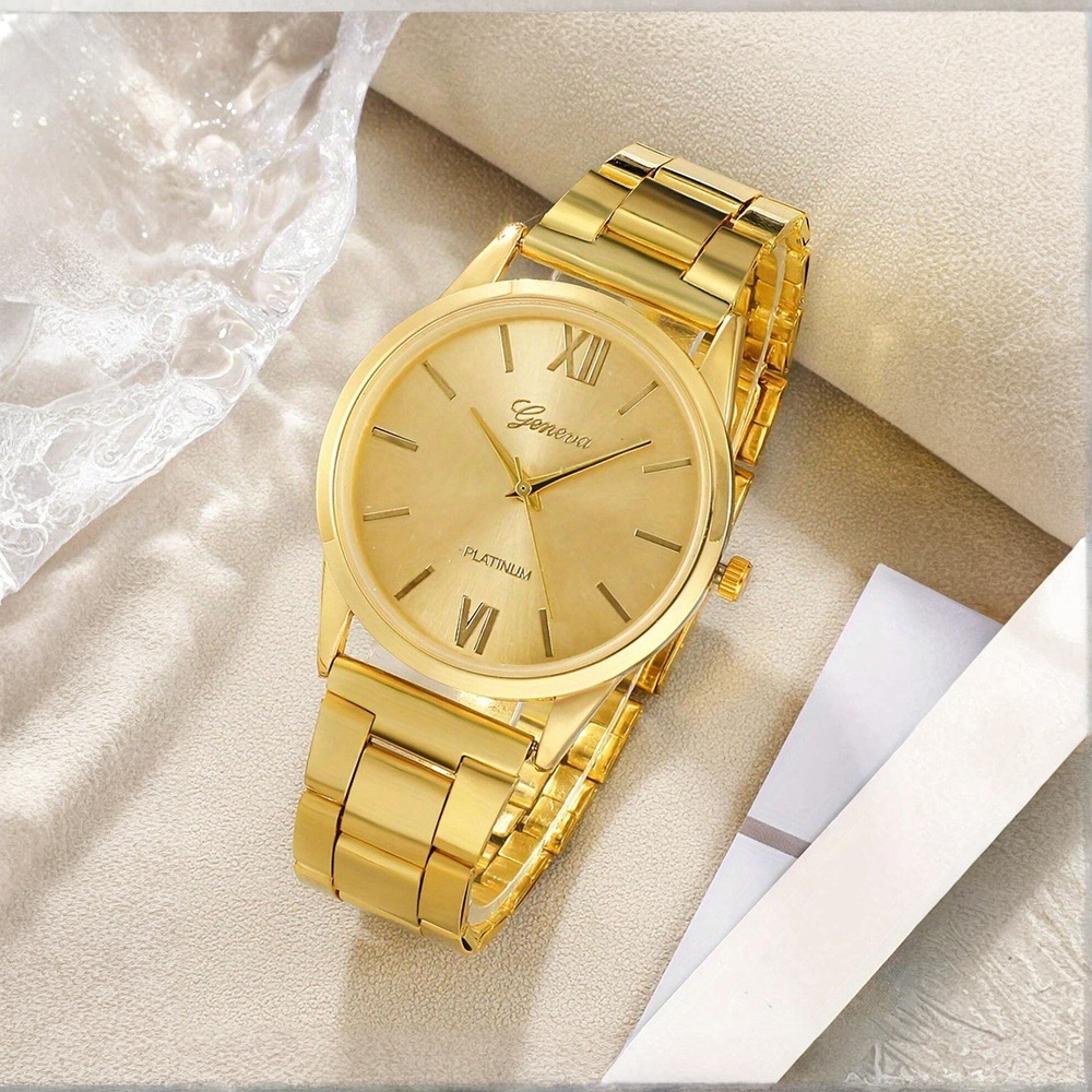 Ventas transfronterizas calientes oro reloj de cara romana pulsera damas 4 piezas conjunto de reloj de cuarzo de acero reloj de aleación de alta calidad image 6