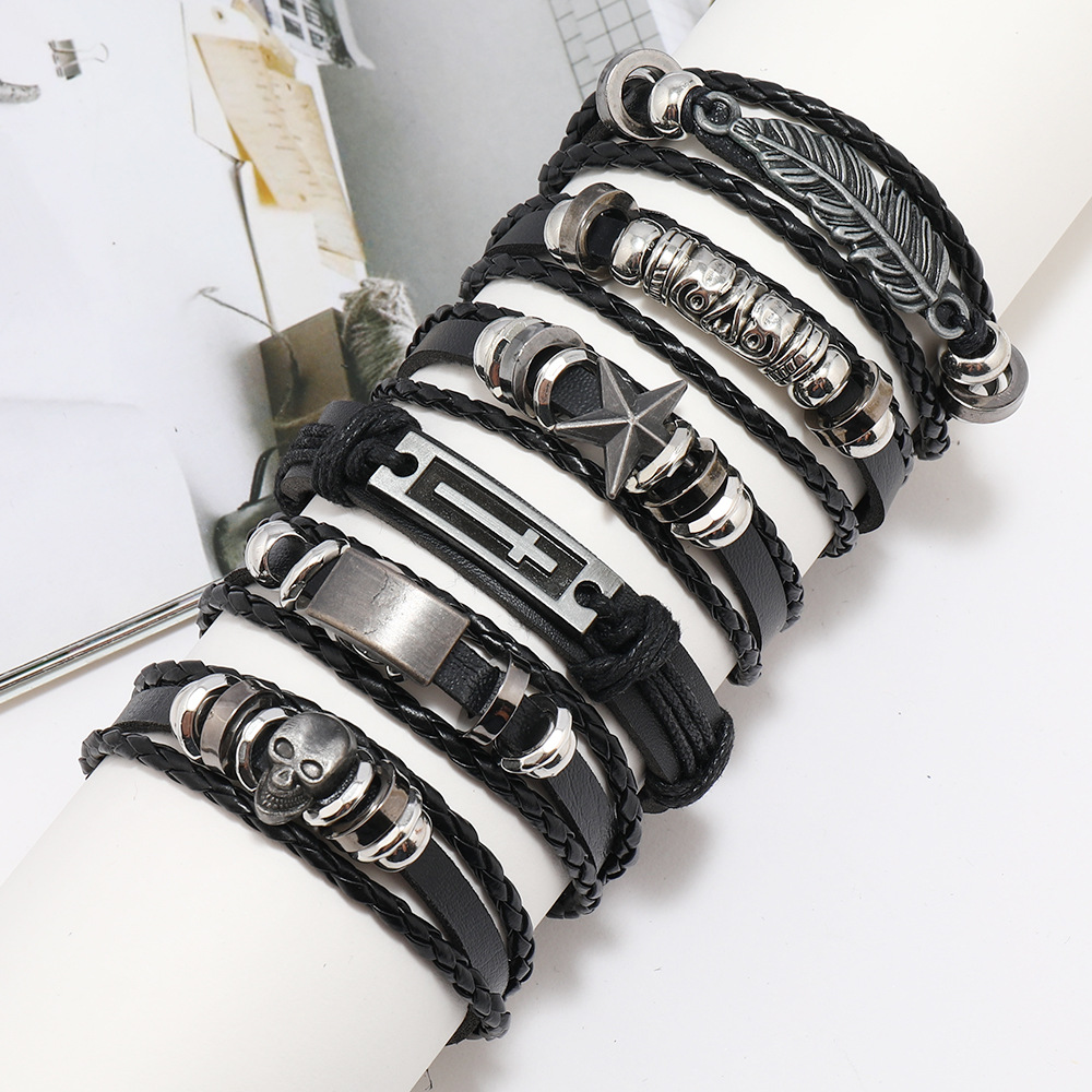 Pu Leather Material Punk Waves Pu Leather Men's Bangle Men Cord & Leather Bracelets