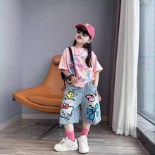 女童夏季时髦洋气涂鸦牛仔七分裤中大童女孩宽松韩版宽松短袖T恤9