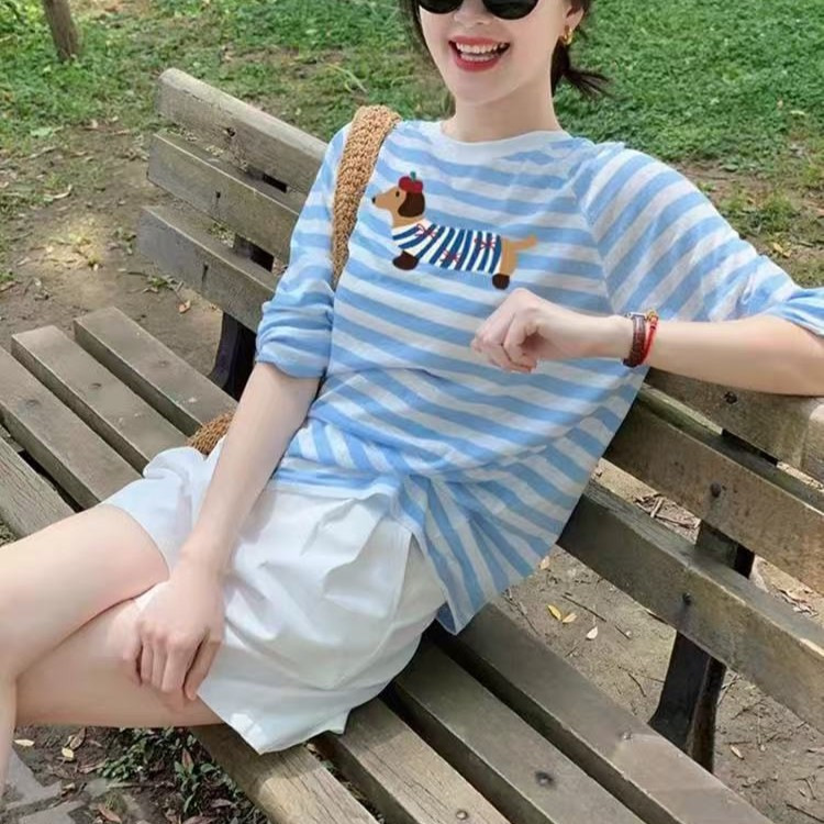 Summer dopamine blue striped sunscreen long sleeve T-shirt women's 2025 new slim thin ice silk air conditioning blouse