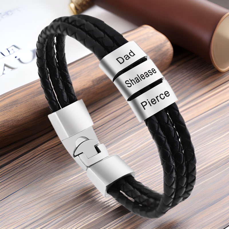 Aliexpress New European and American Personalized Stainless Steel DIY Engraved Family Name Beads Leather Rope Men's Bracelet Jewelry