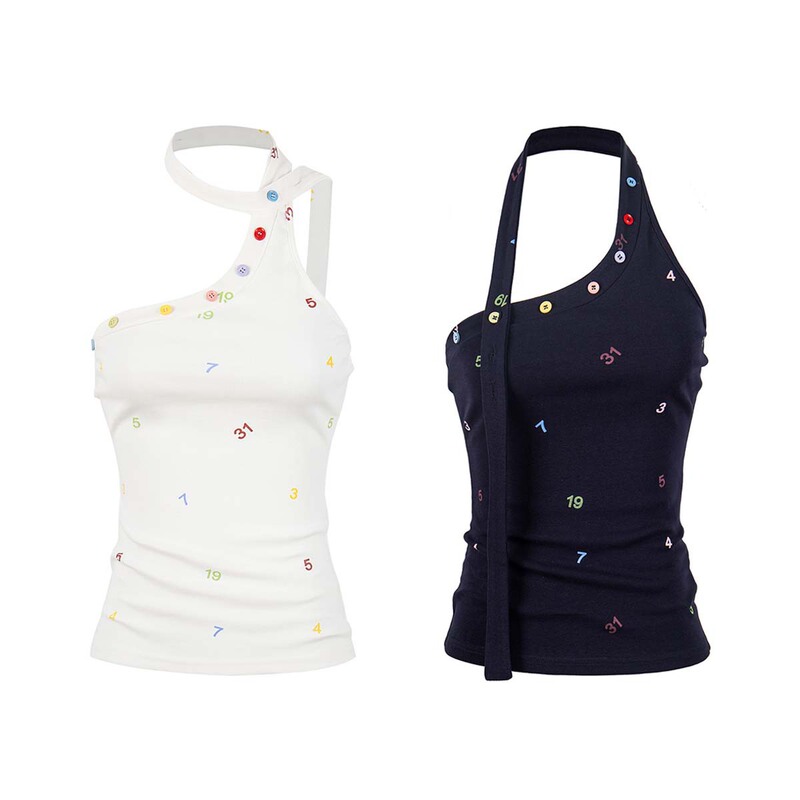 Unbdns Dark Blue Asymmetrical Shoulder Halter Neck Camisole with a Unique Design, Trendy Sleeveless Top for Women in Summer Unbdns Dark Blue Asymmetrical Shoulder Halter Neck Camisole with a Unique Design, Trendy Sleeveless Top for Women in Summer