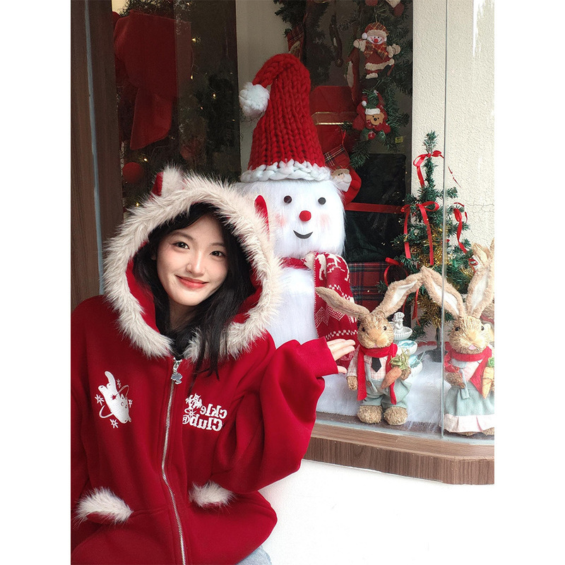 Pure Cotton American Retro Ghost Cat Plush Hooded Sweatshirt Jacket for Women with a Stylish and Lazy Design
