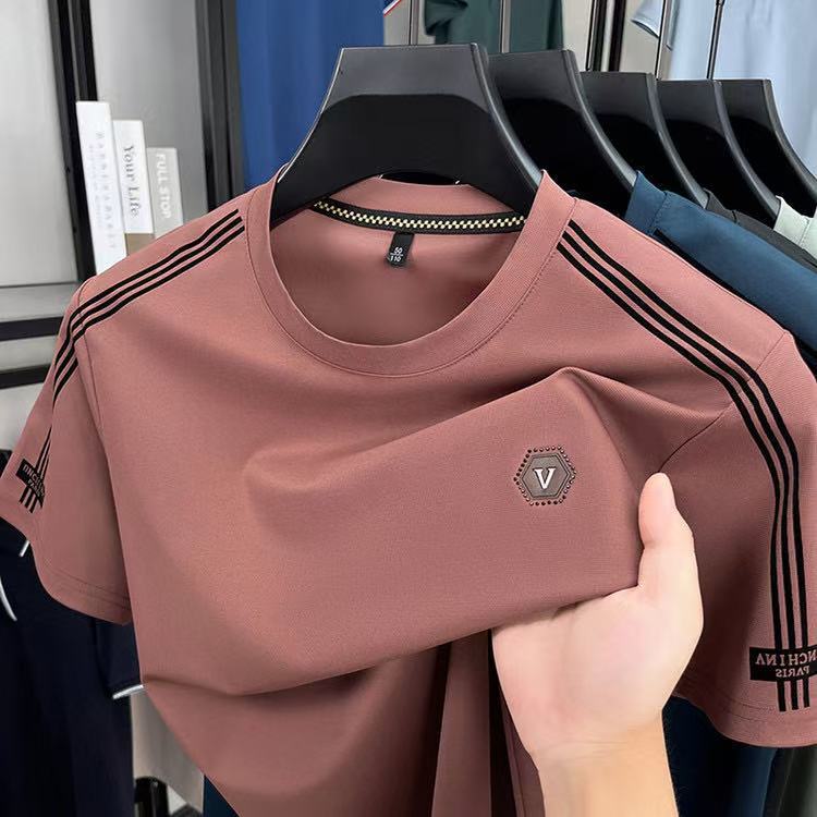 Clearance Sale~2025 Summer New Ice Silk Short Sleeve T-Shirt for Men, Cool and Simple Half-Sleeve Casual Crew Neck Base Shirt