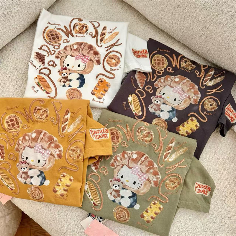 Pandawarks Panda Paper Bag House Kate Little Cat Heavy Embroidery Cartoon Short Sleeve Pure Cotton T-Shirt Top