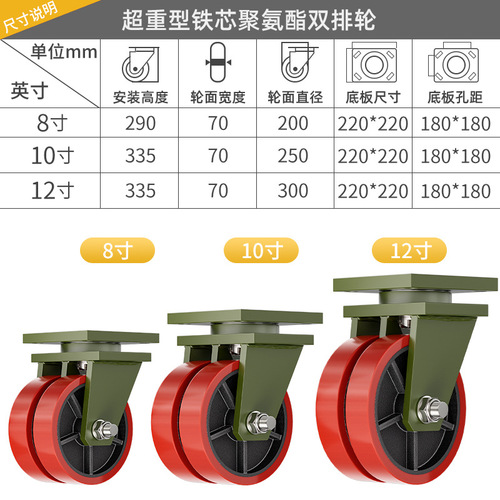 Mixiang double row iron core universal wheel 6/8/10/12 inch nylon PU polyurethane load capacity 3/5 tons double wheel caster