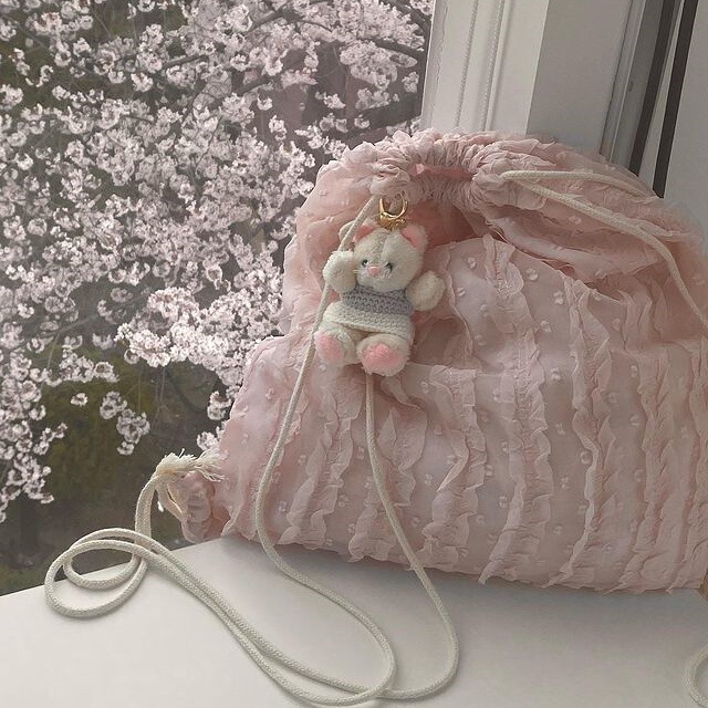 Korean Style Ins Style Girl's Lace Chiffon Bundle Pocket for Commuter Travel Storage Large Capacity Drawstring Shoulder Bag for Students