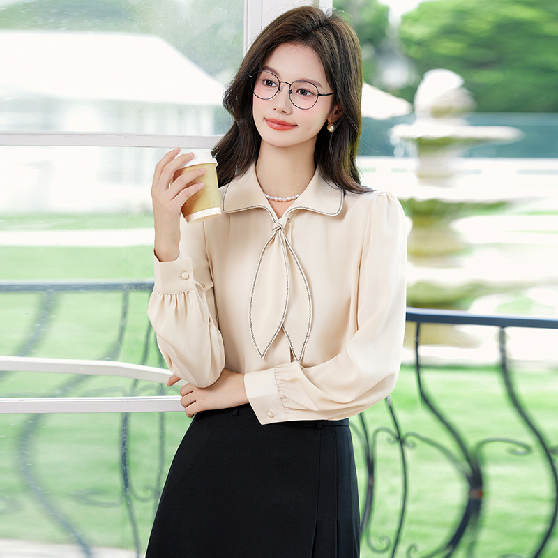 Chiffon Lace-Up Apricot Women's Long-Sleeve Professional Formal Shirt for Sale, 4S Sales Company Exhibition Workwear