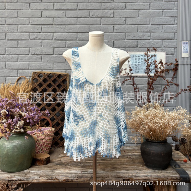 Cotton Tie-Dye Blue Dye Blue-White Dye Plant Dye Knitted Hollow-Out Travel Women's Blouse Knit Top Vest
