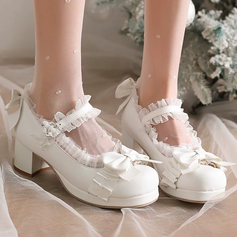 2025 Sweet Bow Radium Lace Thick Medium Heel Single Shoes Water Platform British College Style Lolita Women's Shoes