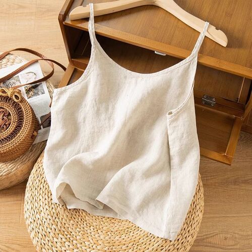 2026 summer new style literary linen suspender loose inside simple sleeveless base large size top for women