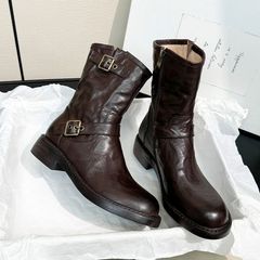 复古粗跟短靴女马丁靴秋冬新款超绝洋气英伦风平底皮带扣西部靴子