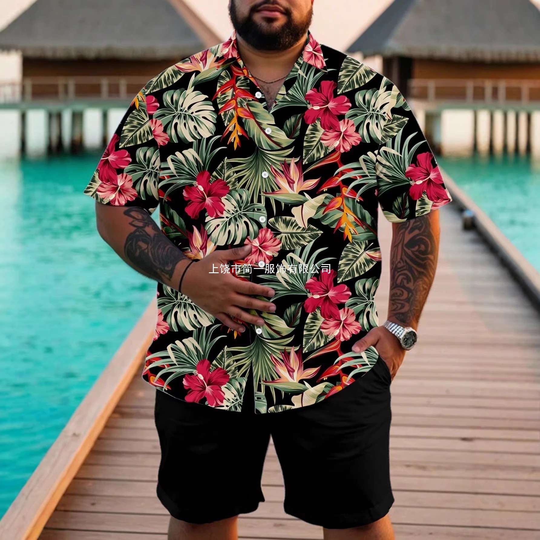Comercio exterior transfronterizo retro camisa de botón de verano set de pantalones cortos 3D impresión casual vacaciones cardigan hombre set de dos piezas