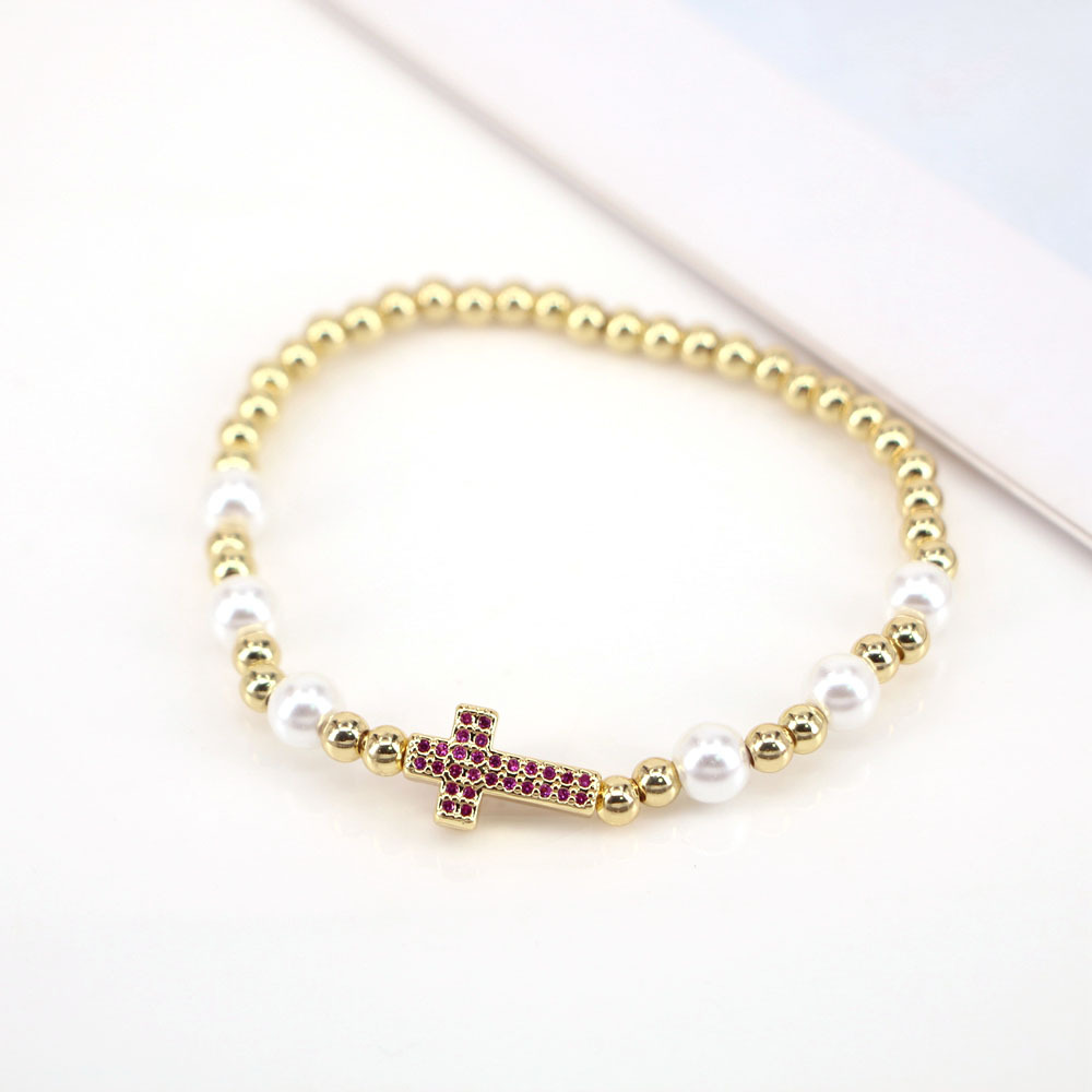 Fashion Cross Copper Bracelets Gold Plated Pearl Zircon Copper Bracelets