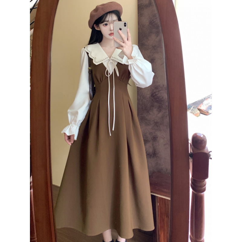 Early Autumn New Large Size French Fake Two-Piece Doll Collar Dress for Fat Women, Waist Slimming Look Retro Elegant Long Skirt Early Autumn New Large Size French Fake Two-Piece Doll Collar Dress for Fat Women, Waist Slimming Look Retro Elegant Long Skirt