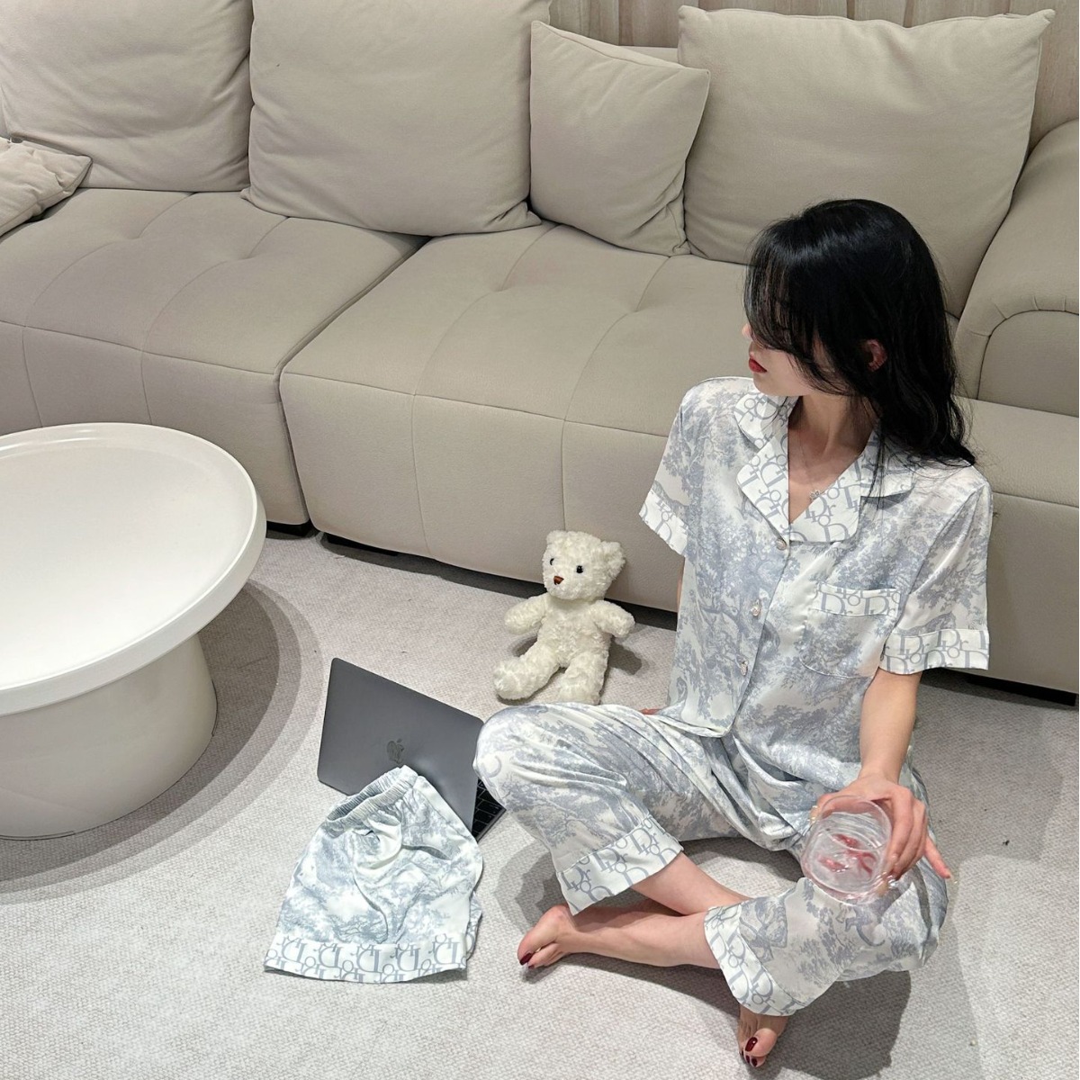 HZ001【D 홈】신상 아이스 실크 얇은 여성 잠옷 여성 고급 3피스 세트 고급 홈웨어
