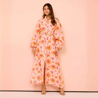欧美跨境2024新速卖通独立站亚麻花朵宽松休闲开衫长袖衬衣连衣裙