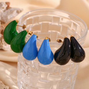 European and American Style Retro High-End Earrings Stainless Steel Plated 18K Hollow Colorful Oil Dripping Stereo Pear-Shaped Earrings for Women