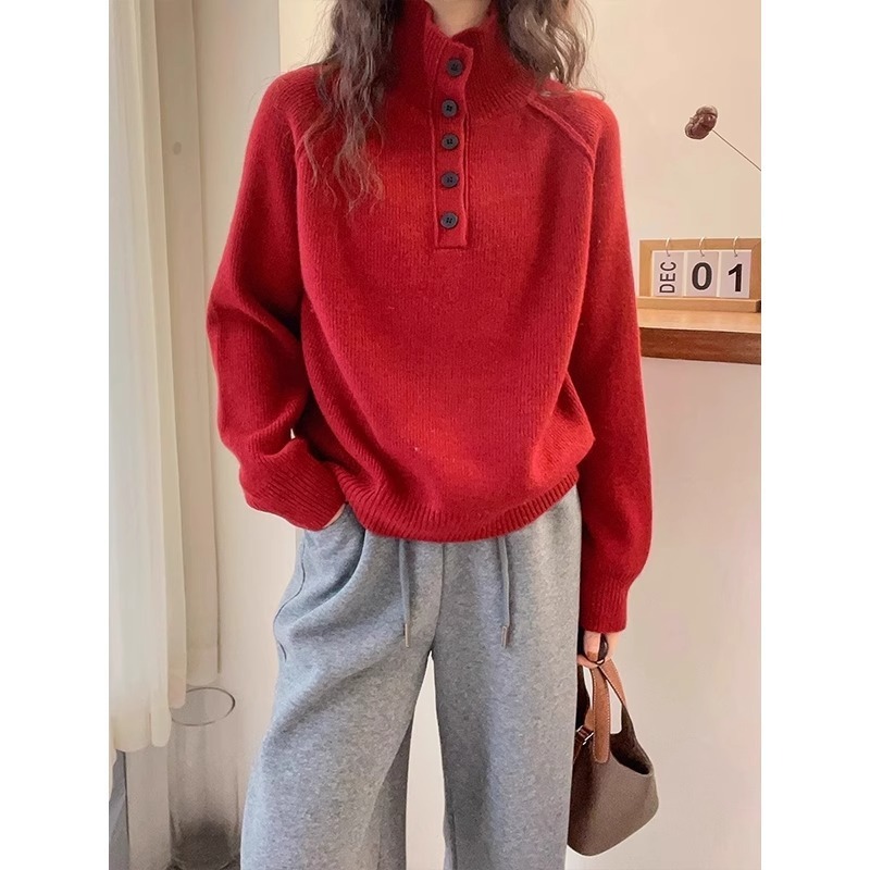 别致纽扣设计半高领软糯针织衫女士通勤百搭打底衫韩版慵懒风上衣|undefined