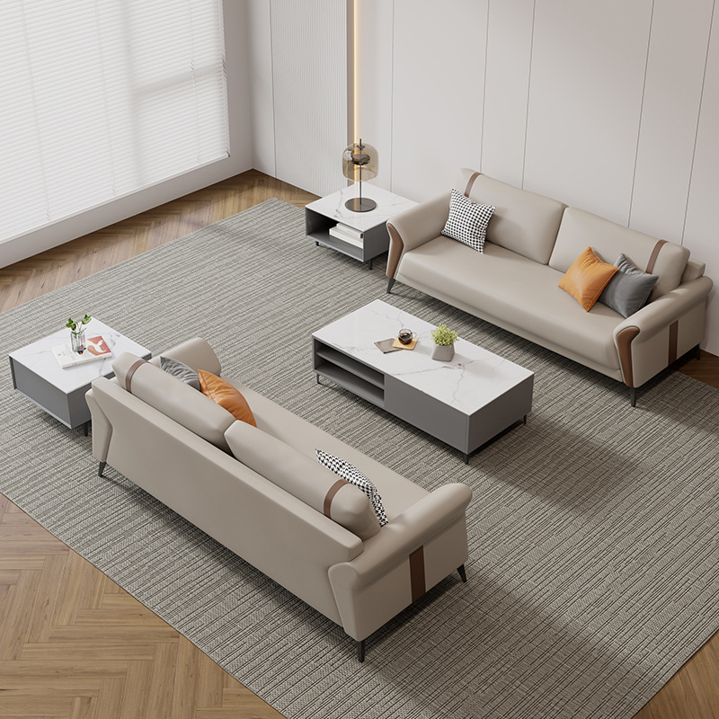 Sofá de oficina de lujo ligero, cuero, área de salón de negocios moderna, sala de recepción VIP, combinación de mesa de centro de sofá de jefe