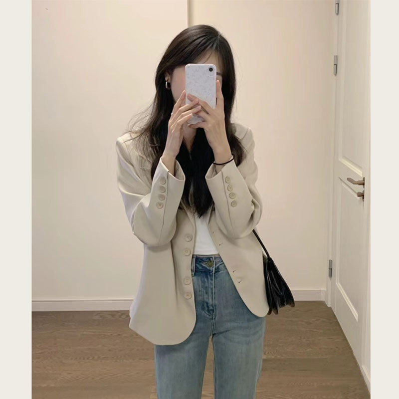 跨境浅卡其休闲西装外套女春季新款2025小个子短款气质感百搭西服|undefined