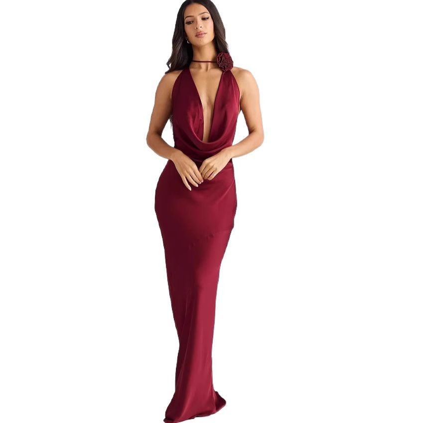 Women's Sleeveless Halter Neck Long Dress Solid Color Satin Slim Fit Sexy Fashion_ecoleips.com