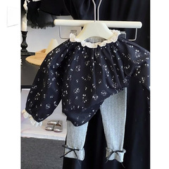 童裝女童黑色襯衫春裝兒童泡泡袖上衣復古花邊領碎0038A037