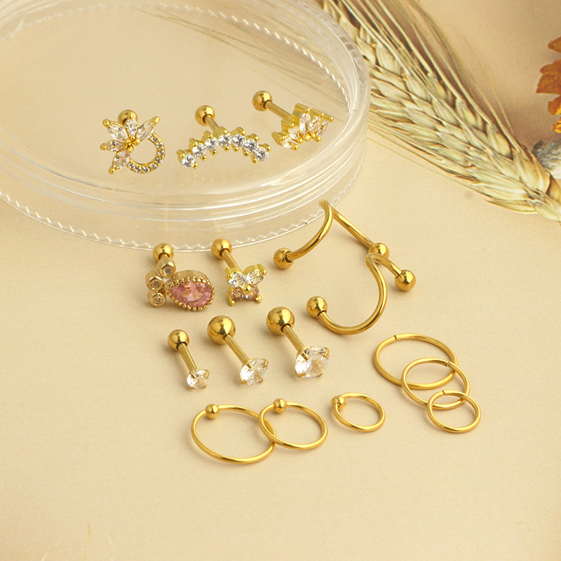 Pink Butterfly Crown Gold Stainless Steel Screw Stud Earring Set for Cartilage Piercing detail image 8