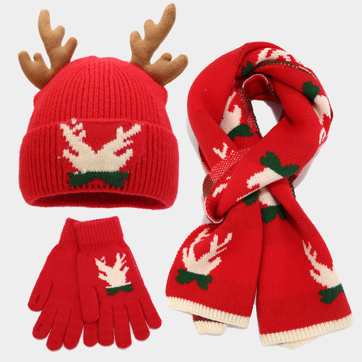 Estilo navideño bufanda de asta festiva sombrero guantes traje de tres piezas traje de sombrero cálido y a prueba de frío para mujer en stock