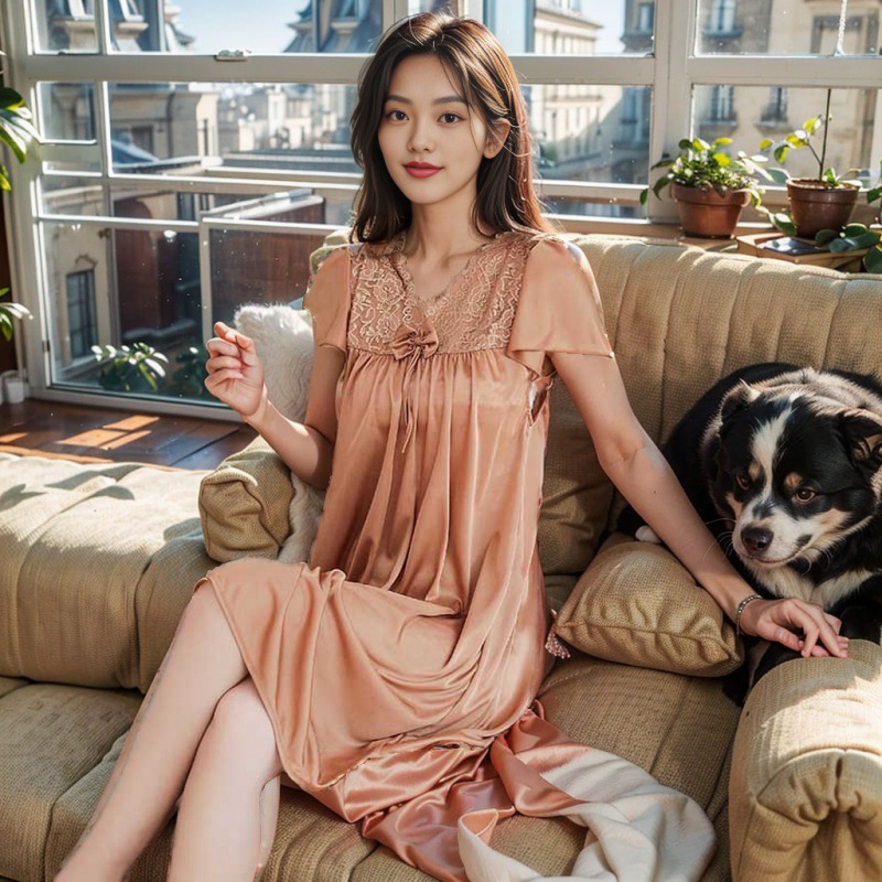 Large size nightgown summer women with chest pad ice silk pregnant women loose short sleeve 200kg fat mm pajamas dress plus size