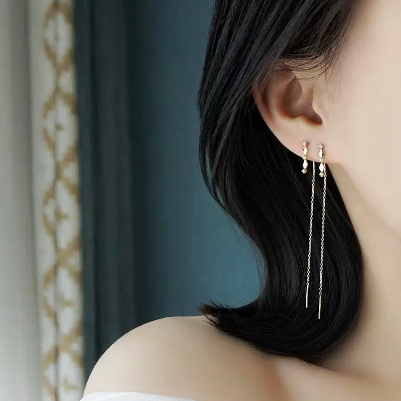 S925 plata esterlina 14k diamantes de oro retrógrado orejetas femeninas temperamento largo bordado cara delgada orejetas orejetas
