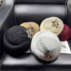 新款秋冬甜美优雅蓓蕾帽回族贝雷帽小礼帽气质网纱花朵感空姐帽女